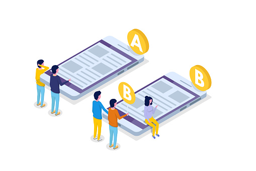 A-B comparison. Split testing isometric concept. Vector illustration.