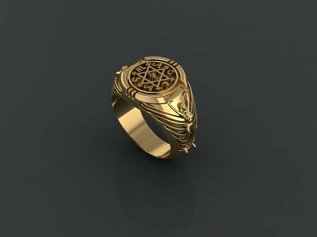 Gold Signet Ring with Intricate Symbol Design.